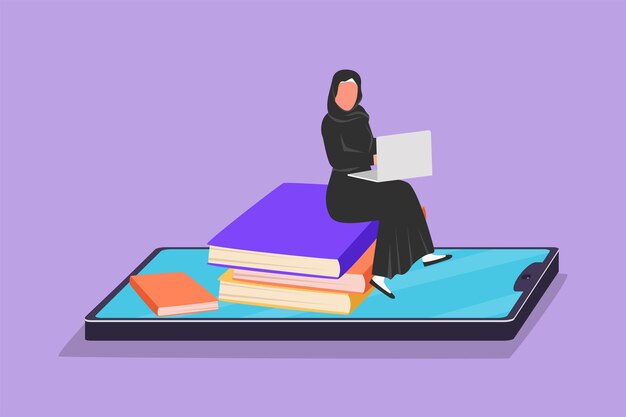 Karakter platte tekening mooie arabische vrouwelijke college student zittend op een stapel boeken terwijl het typen van laptop op smartphone scherm leren online onderwijs concept cartoon ontwerp vectorillustratie