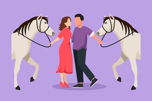 Karakter platte tekening van een romantisch koppel staand en pratend naast hun paarden Jonge man en vrouw ontmoeten elkaar om te daten met rijpaard Betrokkenheid en liefdesrelatie