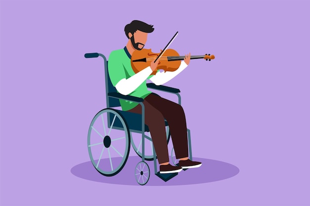 Karakter platte tekening van handicap en muziekevenement Arabische man in rolstoel speelt viool Lichamelijk gehandicapte persoon in ziekenhuis Rehabilitatiecentrum patiënt Cartoon ontwerp vectorillustratie
