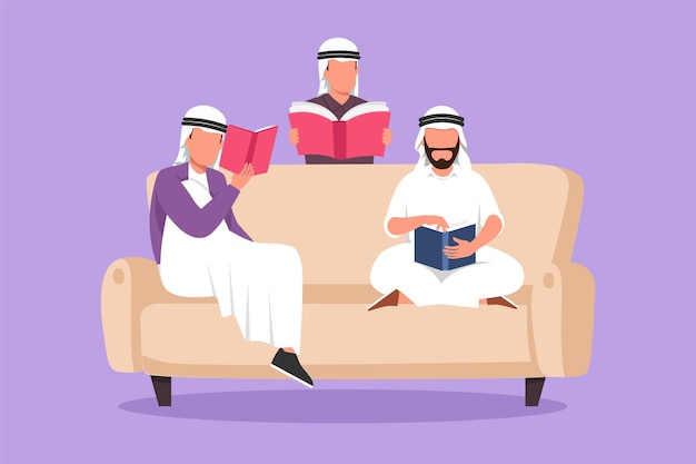 Karakter platte tekening vriendelijke Arabische familie leest samen boeken in de woonkamer thuis Broers en kinderen zitten op de bank Concept van gezamenlijke familielezing Cartoon ontwerp vectorillustratie