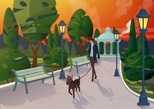 Karakter van elegante man met hond aangelijnd wandelen op loopbrug in stadspark in zonsondergang licht.