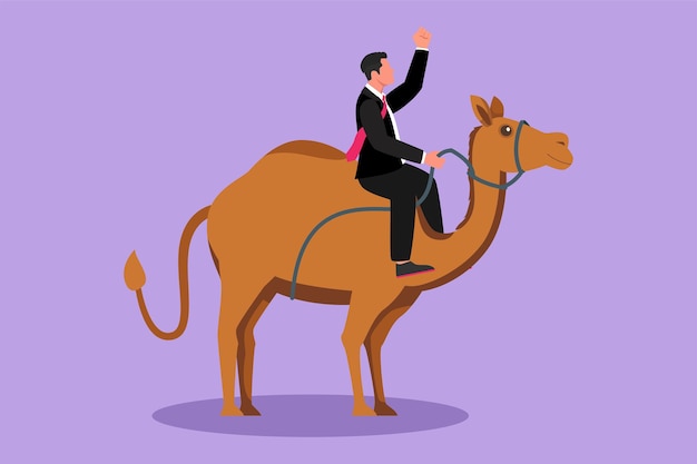 Karakter vlakke tekening Arabische zakenman rijden kameel Investeringen bullish aandelenmarkt handel stijgende obligaties trend Succesvolle zakenman handelaar Zakelijke metafoor Cartoon ontwerp vectorillustratie