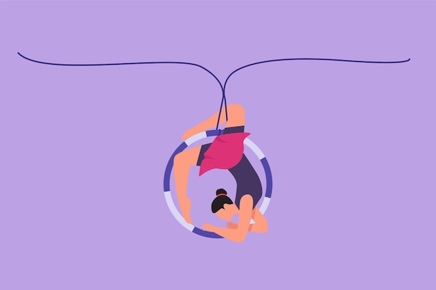Vector karakter vlakke tekening vrouwelijke acrobaat die op luchthoepel presteert door een cirkel rond haar lichaam te vormen het vergt moed en neemt risico's circus show evenement entertainment cartoon design vector illustratie