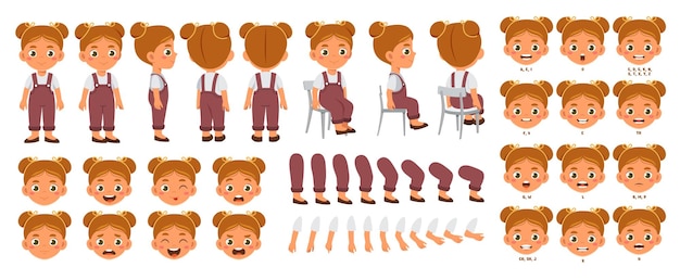 Karakter voor animatie klein glimlachend kleutermeisje met verschillende emoties en verschillende gebaren