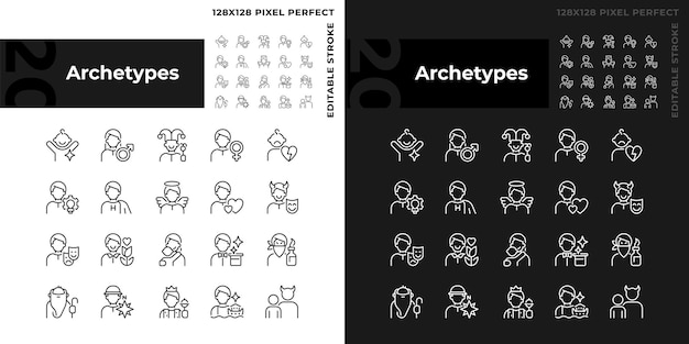 Karakterarchetypen pixel perfecte lineaire pictogrammen ingesteld voor donkere lichtmodus