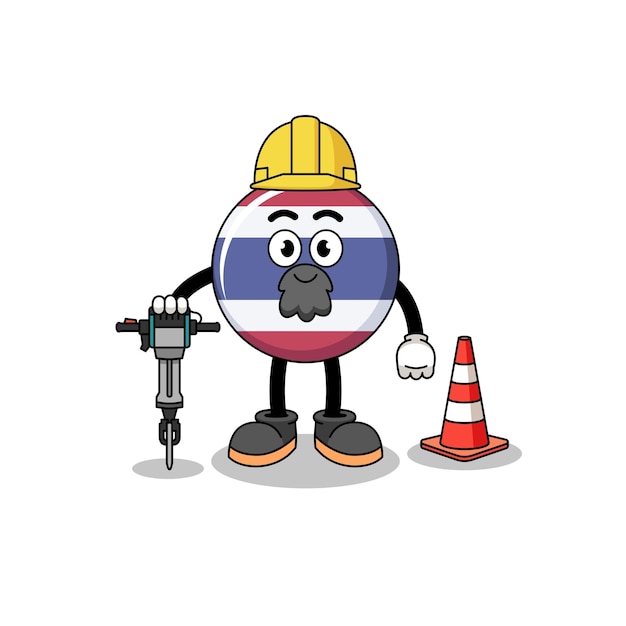 Vector karakterbeeldverhaal van de vlag van thailand die aan wegenbouw werkt