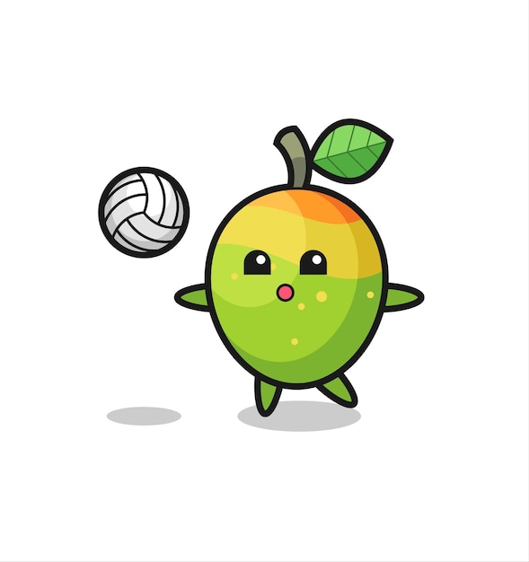 Karaktercartoon van mango speelt volleybal, schattig stijlontwerp voor t-shirt, sticker, logo-element