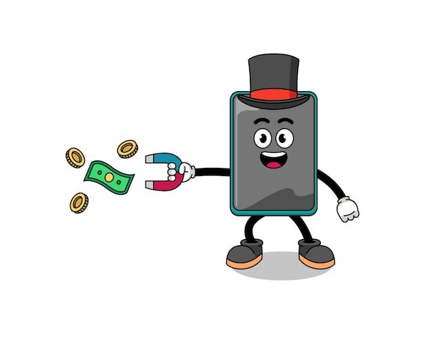 Karakterillustratie van smartphone die geld vangt met een magneet