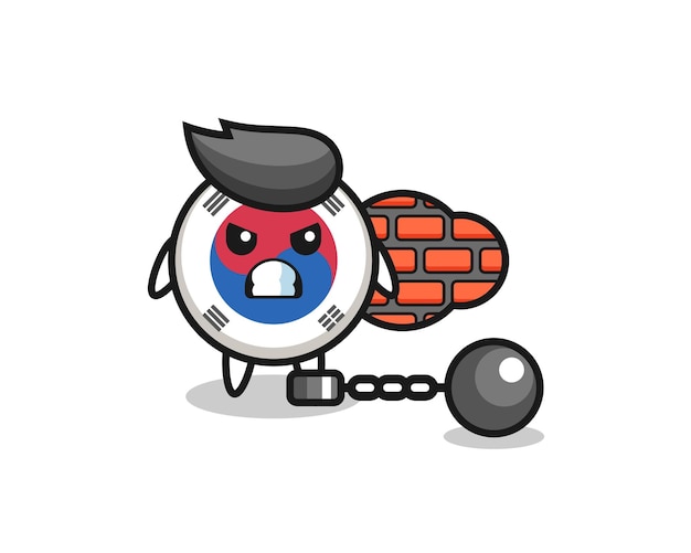 Karaktermascotte van de vlag van zuid-korea als gevangene, schattig ontwerp