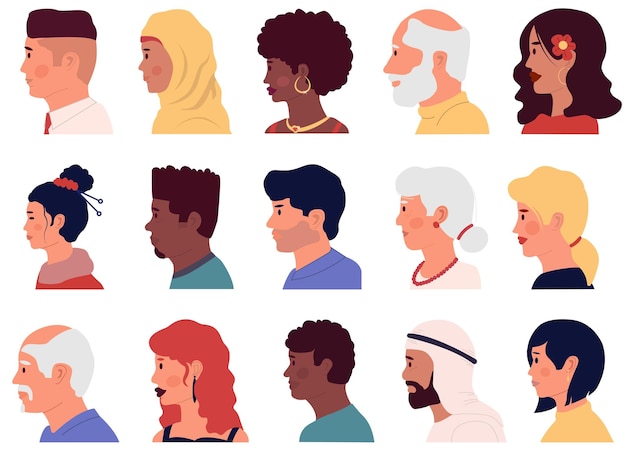 Karakterprofielen Cartoon mensen worden geconfronteerd met zijportretten Verschillende nationaliteiten Arabische Aziatische en islamitische mannen en vrouwen Jonge en oude mannelijke en vrouwelijke mensen Vector avatars set