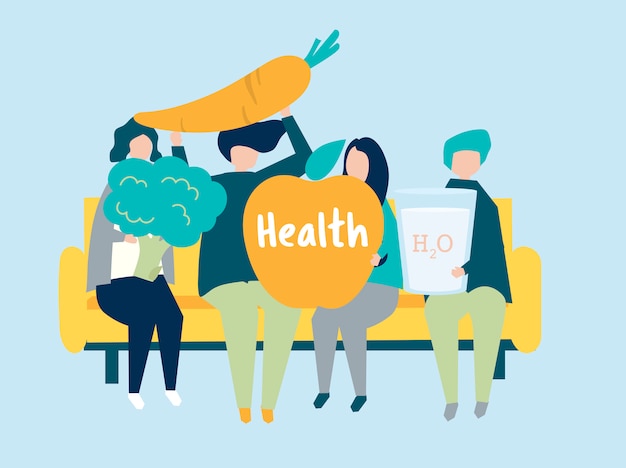 Karakters van mensen die de illustratie van gezondheidspictogrammen houden