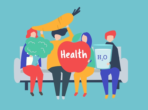 Karakters van mensen die de illustratie van gezondheidspictogrammen houden