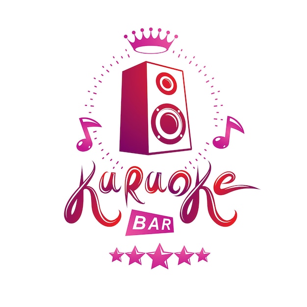 Karaoke bar calligraphy lettering composed with subwoofer audio equipment and musical notes, can be used as design element for musical karaoke performance flyer template