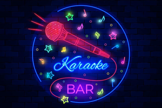 Karaoke bar night club neon illuminated logo with microphone. music party, musical event, song concert entertainment glowing fluorescent billboard or trendy logotype vector illustration