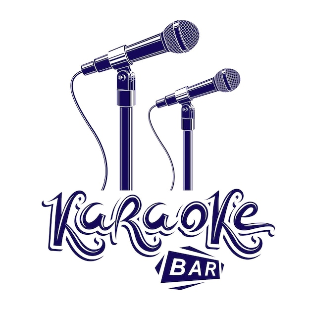 Karaoke bar writing, stage microphone equipment. Nightclub invitation emblem.