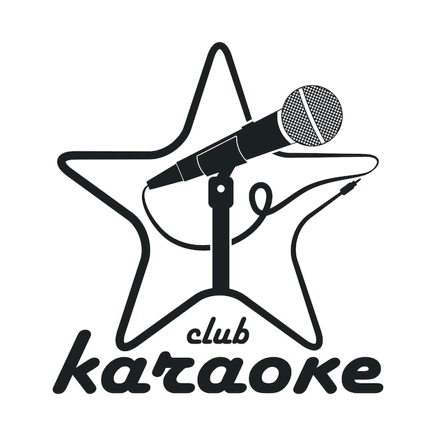 Club di karaoke. logo di design con microfono su supporto e stella. modello di vettore per emblema.