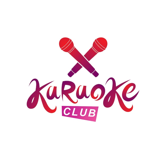 Надпись караоке-клуба, концептуальная векторная эмблема ночных развлечений, созданная с использованием записывающего микрофонного аудиоустройства.