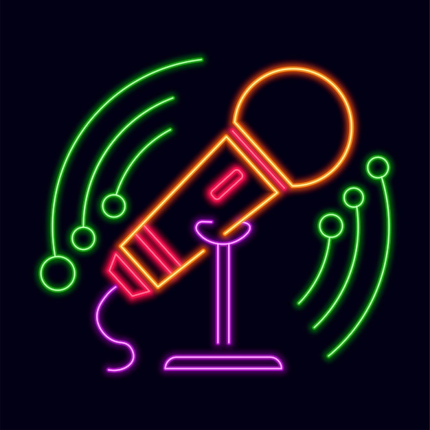 Karaoke club or night club neon logo for entertainment and rest Isolated glowing microphone with tunes and melodies Lifestyle in city Label or sticker logotype or sign Vector in flat style