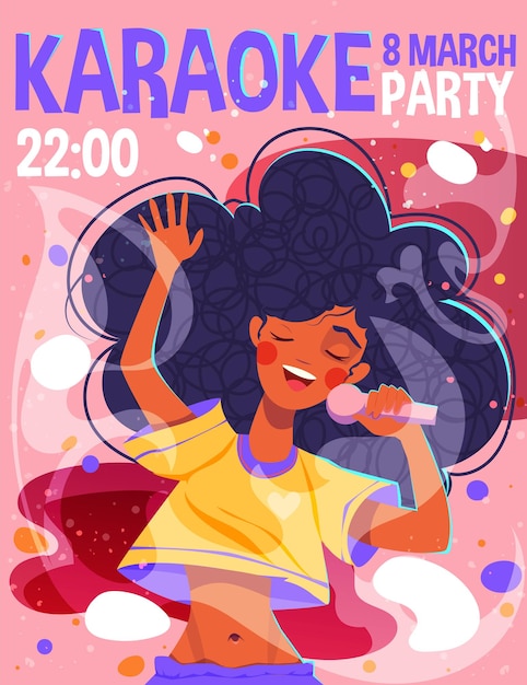 Karaoke feest uitnodiging kleurrijke poster met schattig meisje met microfoon en zingt haar favoriete