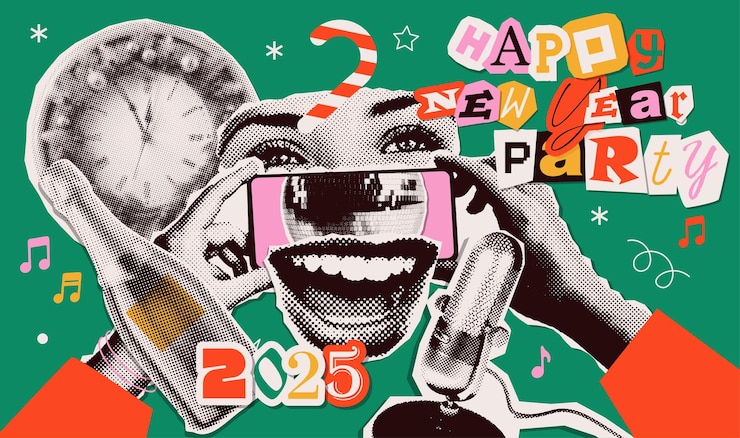 Vector karaoke new year party grunge halftone collage elements set hand with phone retro microphone smiling