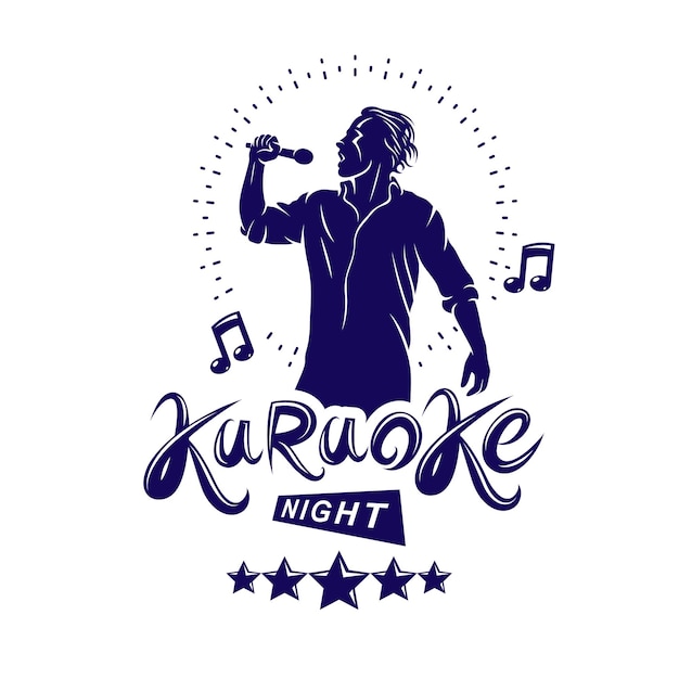 Вектор Ночной караоке и векторный плакат дискотеки ночного клуба, созданный с музыкальными нотами, звездами и солистом, поющим и держащим микрофон в руке.