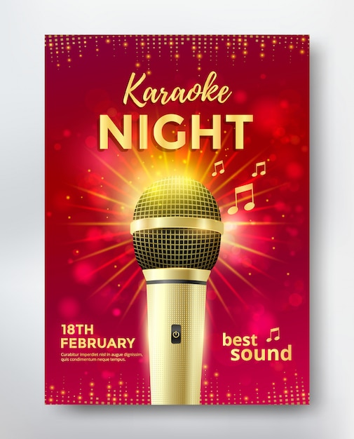 Vettore progettazione del modello del manifesto di notte di karaoke con il microfono dorato.