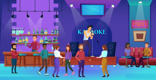 Illustrazione vettoriale del bar della vita notturna di karaoke, cartone animato piatto uomo donna gruppo di persone che bevono vino, cantando una canzone al karaoke discoteca festa in background