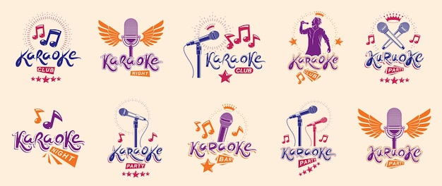 Set vettoriale di loghi ed emblemi per feste o club karaoke isolati, cantando musica vita notturna intrattenimento fine settimana a tema, microfoni e composizioni di note musicali.