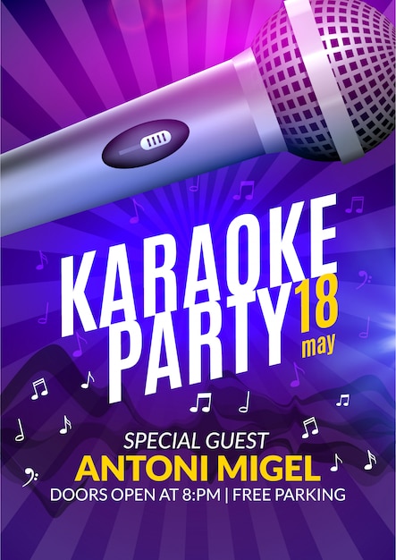 Vettore modello di progettazione di poster di invito a una festa karaoke. progettazione di volantini notturni karaoke. concerto vocale musicale