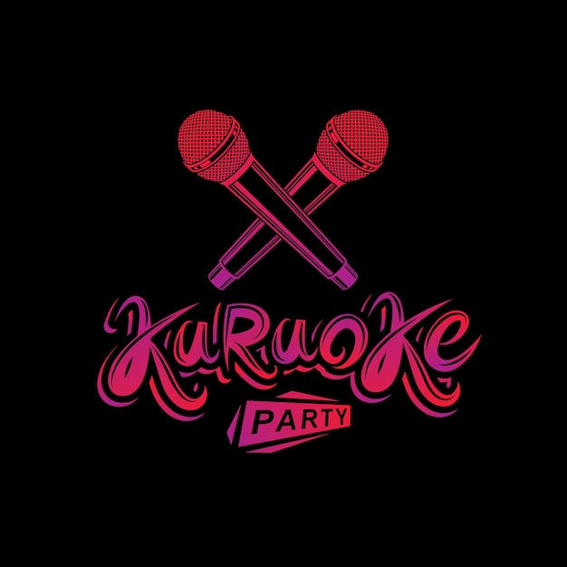 Karaoke party lettering, rap battle vector emblem created using two crossed microphones audio equipment.