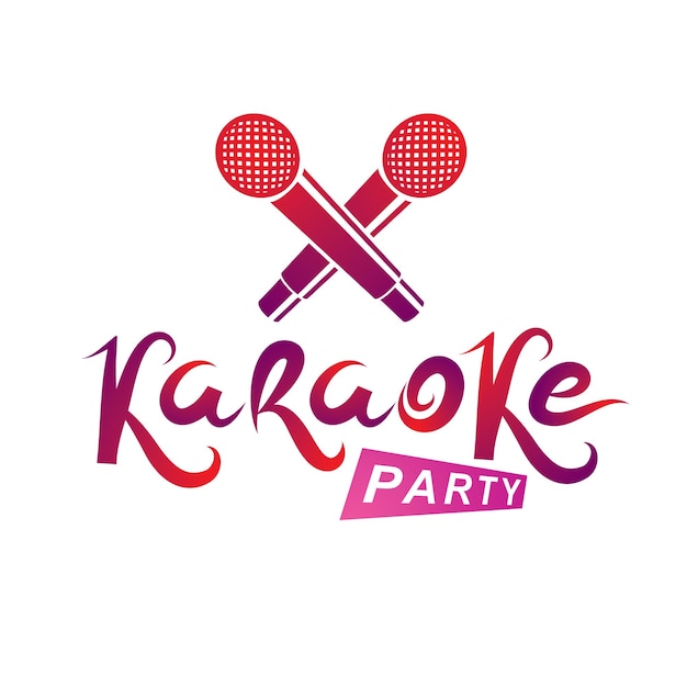 Karaoke party lettering, rap battle vector emblem created using two crossed microphones audio equipment.