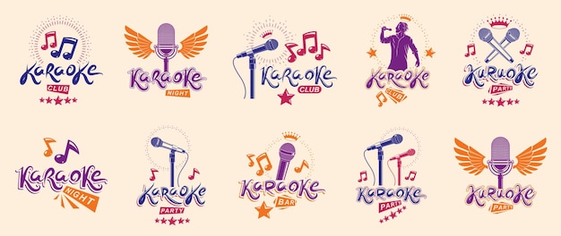 Karaoke party of club logo's en emblemen vector set geïsoleerd, zingende muziek nachtleven entertainment weekend thema, microfoons en muzieknoten composities.