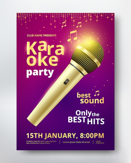 Vettore disegno del modello del manifesto del partito di karaoke con il microfono dorato