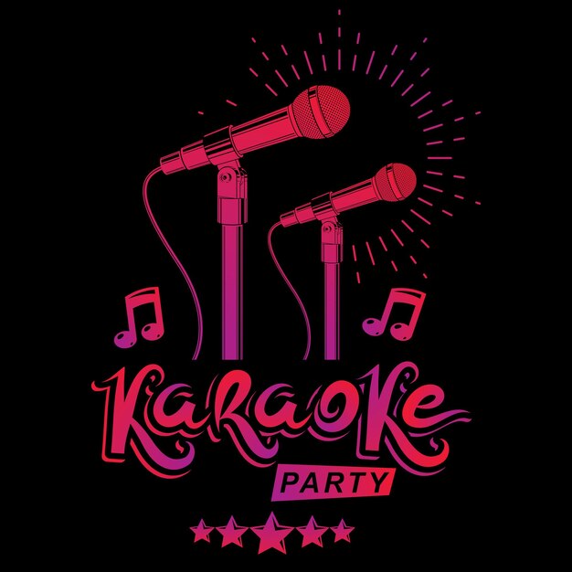 Karaoke party promotion poster design composed using musical notes and 5 pentagonal stars. rap battle concept, two stage microphones vector illustration.