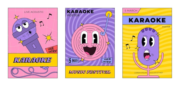 Набор плакатов для караоке Старый мультфильм рекламные обои для стендапа с открытым микрофоном дизайн баннера комедийного диска для продвижения музыкального концерта Векторная иллюстрация Фестиваль вокального исполнения