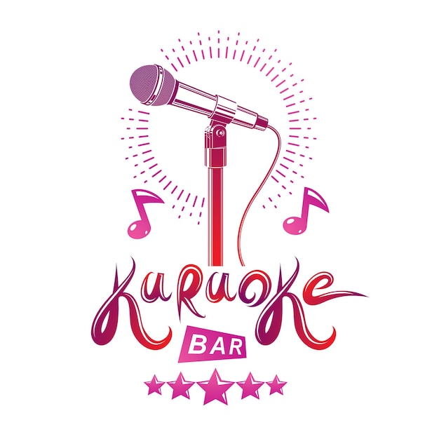 Karaokebar-belettering, conceptueel embleem samengesteld met behulp van microfoon-multimedia-audioapparatuur en muzieknoten. Live muziek concert thema.