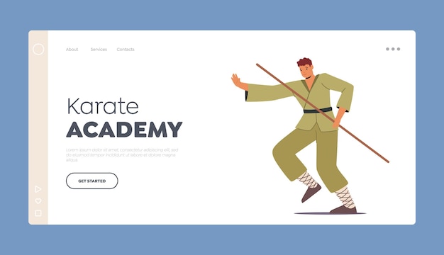 Karate academy landing page template bojutsu fighter male\
character fight with long stick martial arts training action