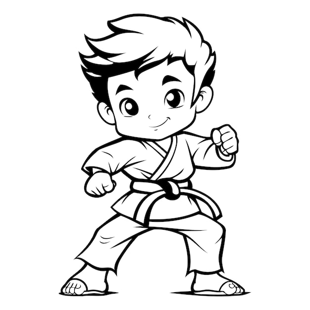 Karate Boy Black and White Cartoon Illustration Vector Art