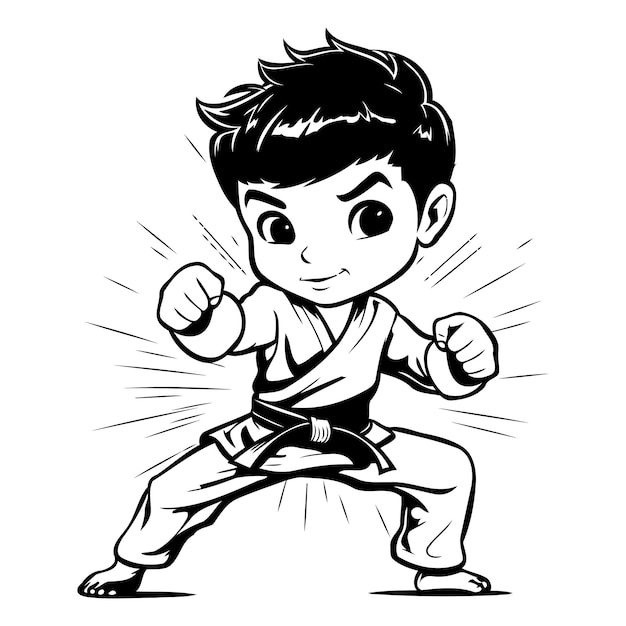 Karate Boy Black and White Cartoon Mascot Illustration