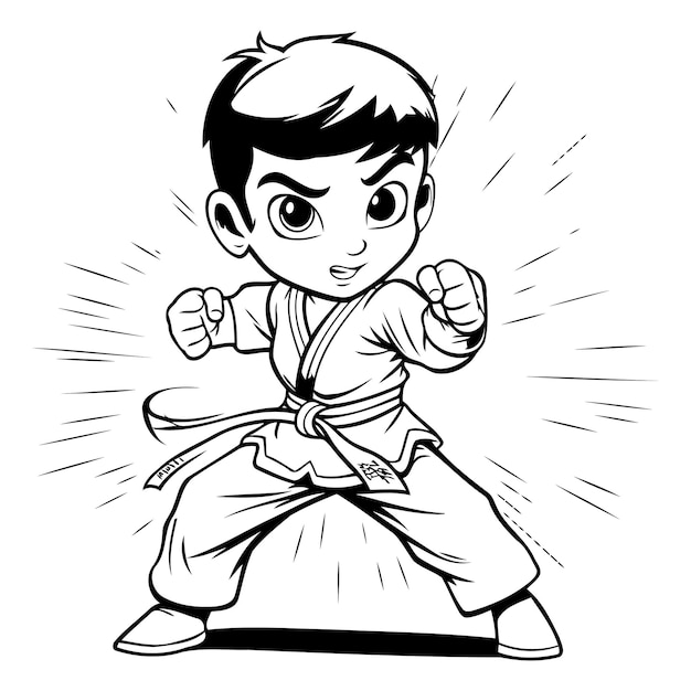 Karate boy Black and white vector illustration for coloring book