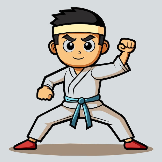 The karate boy is practicing and exercising multiple karate styles and doing stance