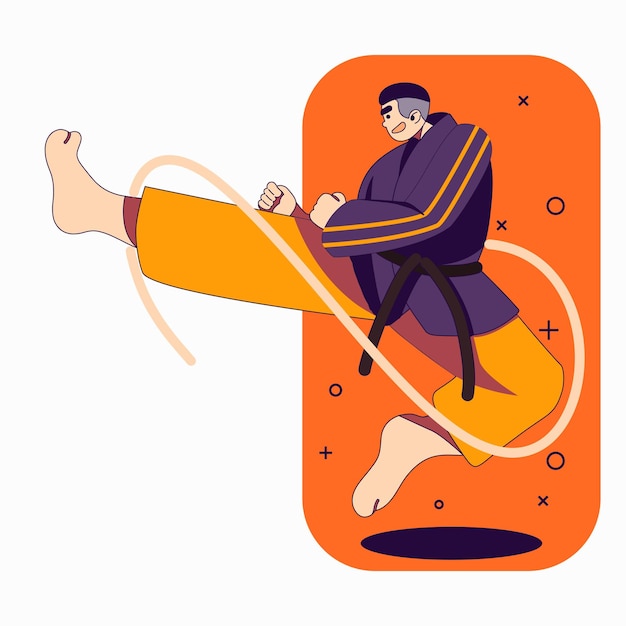 Vector karate man with kimono kicking movement flat design