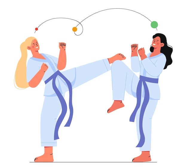 Vettore donna di karate concetto di stile di vita attivo e sport due giovani ragazze in kimono bianco combattere contro l'altra