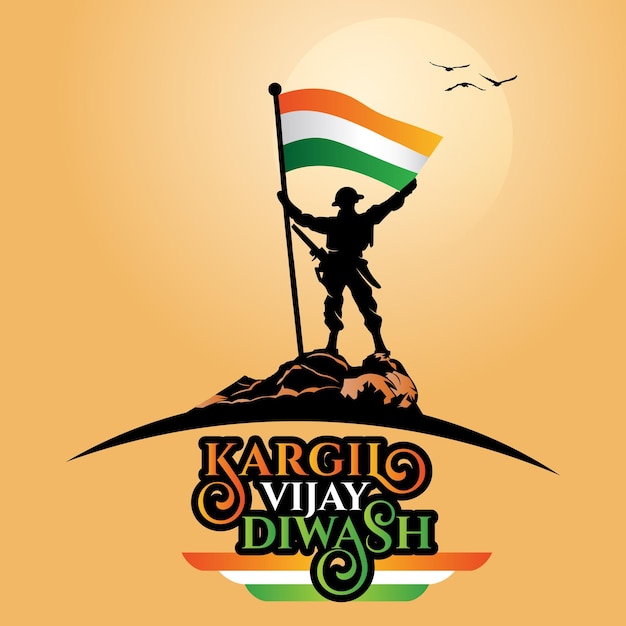 Kargil Vijay Diwas banner with Indian army silhouette hold flag