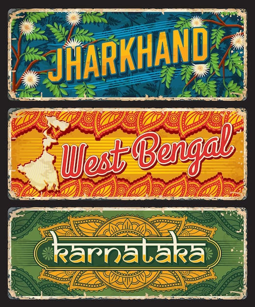 Karnataka, West Bengal 및 Jharkhand, India는 주석 표시를 명시하고 인도 지역은 금속판을 벡터합니다. 인도 주 환영 및 지역 진입 환영 표지판과 랜드마크 및 인도 장식품, 자동차 번호판