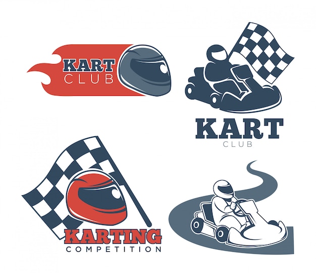 Kart club promotionele emblemen set met beschermende helmen