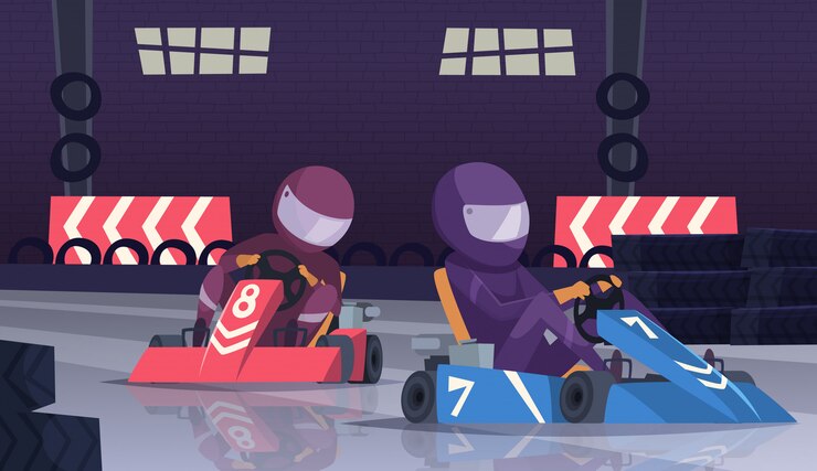 Vector karting sport competition. racers in helmet in fast cars on speed track cartoon