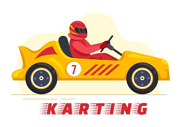 Vector karting sport with racing game go kart on circuit track in flat cartoon hand drawn illustration
