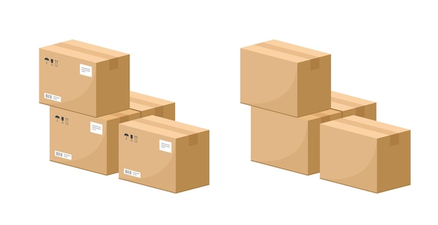 Karton pakket dozen stapel vector 3d grafische illustratie set geïsoleerd uitsneden