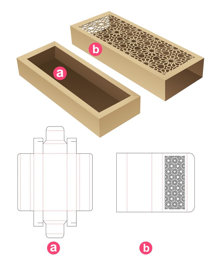 Vector kartonnen dienblad en deksel met gestencild arabisch patroon gestanst sjabloon en 3d-mockup